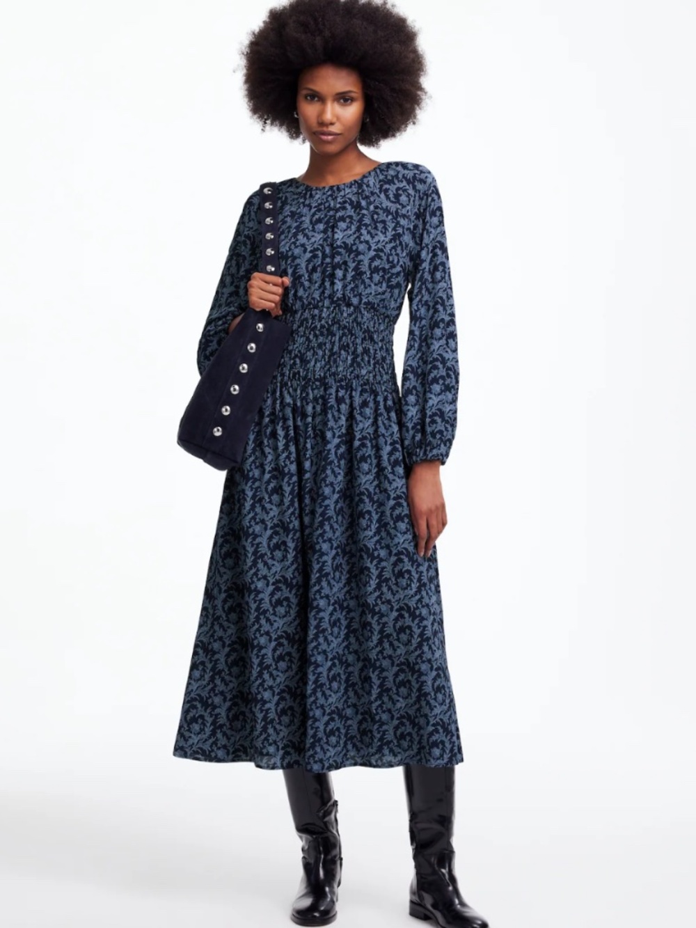 Madewell Bubble Sleeve Smocked Midi Dress in Blue Floral Size S Long Sleeve